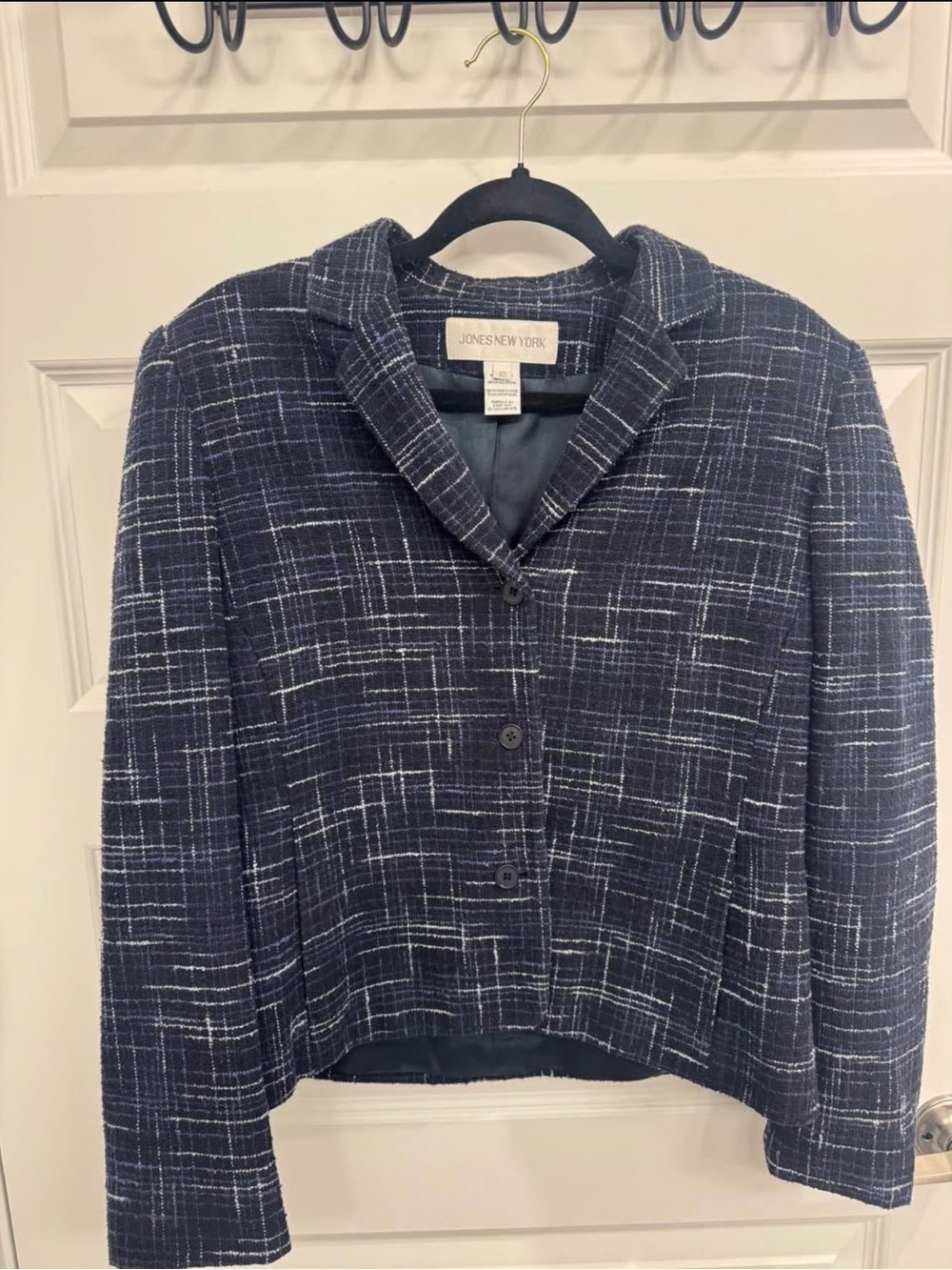 Jones New York Navy and White Plaid Cropped Blazer